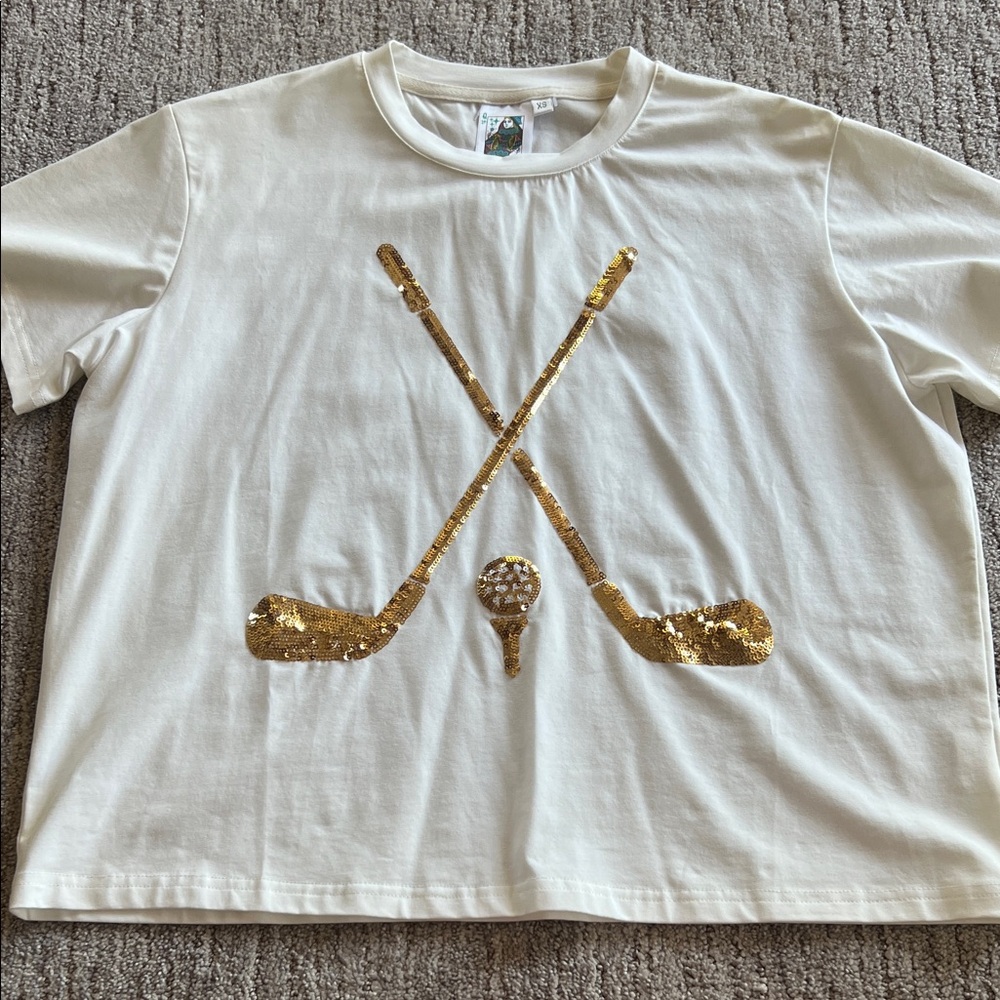 QUEEN OF SPARKLES White Tee with Gold Sequin Hockey Design